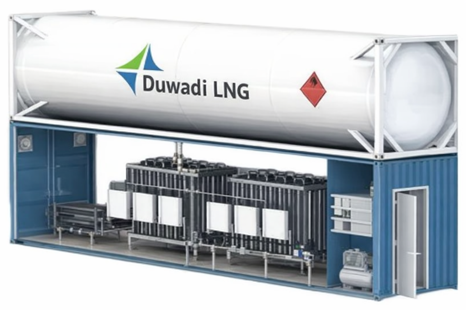 10,000 gallon Mobile LNG Storage and Regasification Unit (MSRU) with Duwadi LNG branding