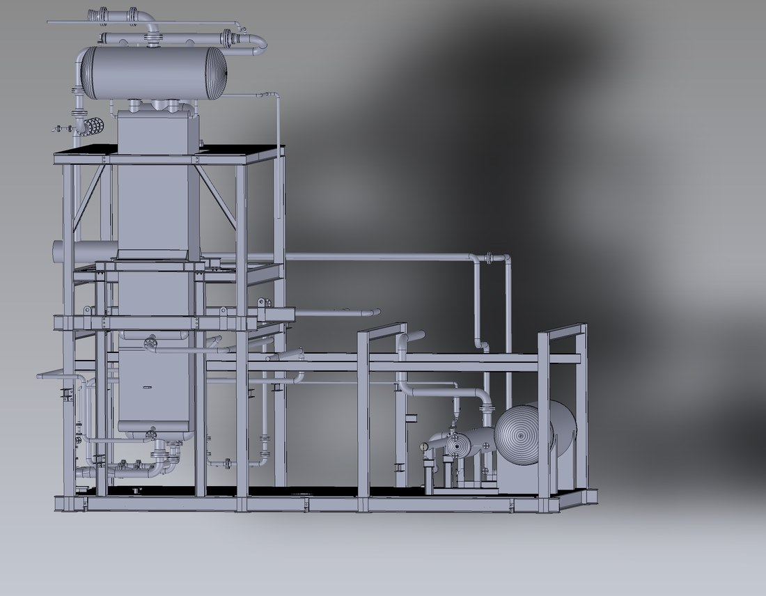 Solid model of Skid 3, the demethanizer skid, showing column, reboiler and piping arrangement