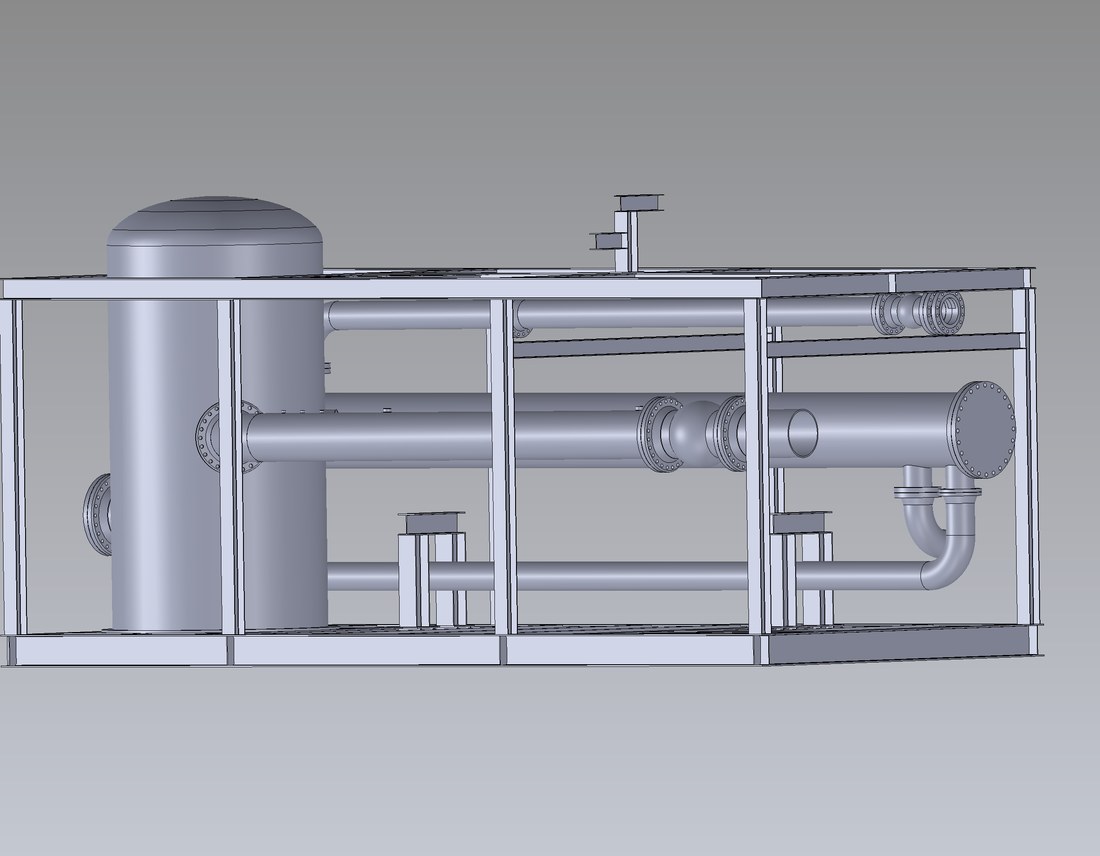 Solid model of Skid 4 showing vessel, heat exchanger and interconnecting piping on a structural skid frame